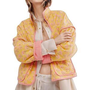 Women’s Yellow flora Cropped Puffer Quilted Jacket Floral Print Lightweight Coat